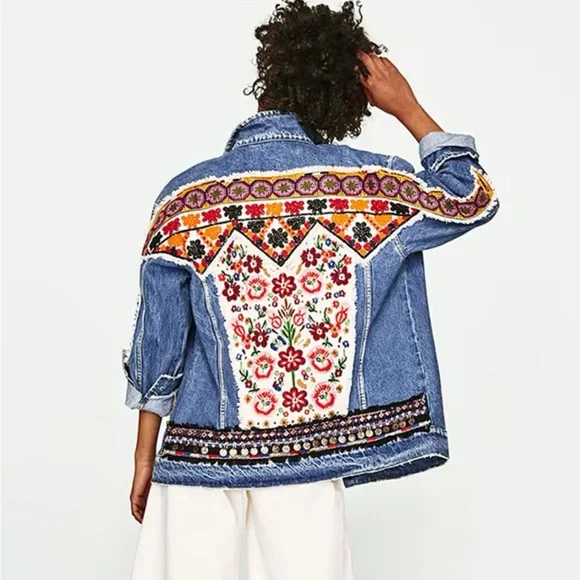 Denim bohemian stitched Aztec tribal floral embroidered denim jacket coat - Picture 13 of 16